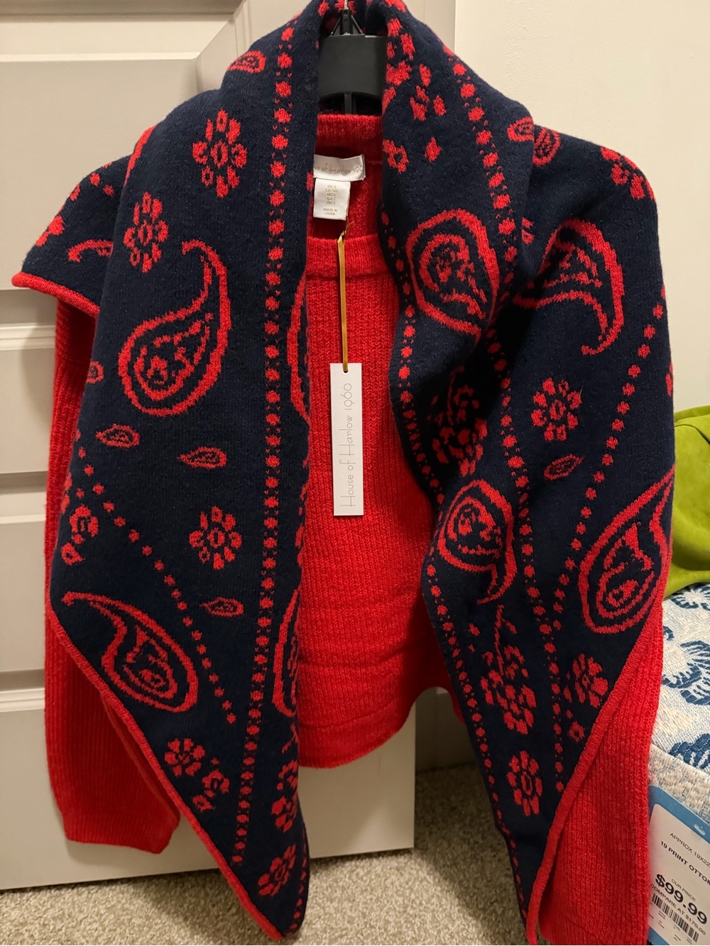 Viral Red Sweater with Navy Paisley Bandana Print Scarf
